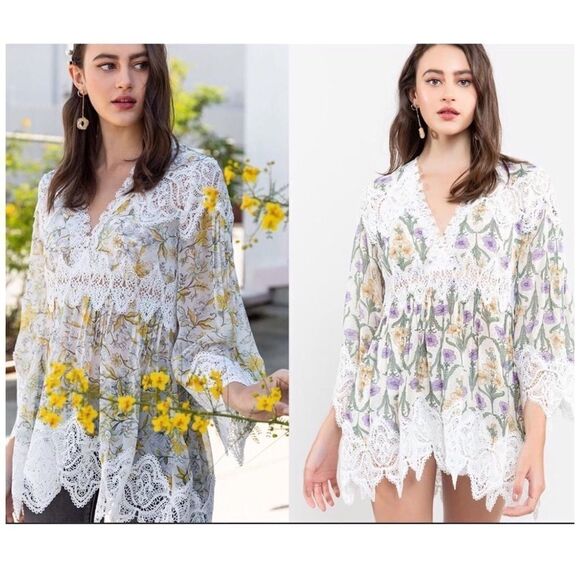 YELLOW floral printed woven tunic with lace trim - Picture 2 of 13